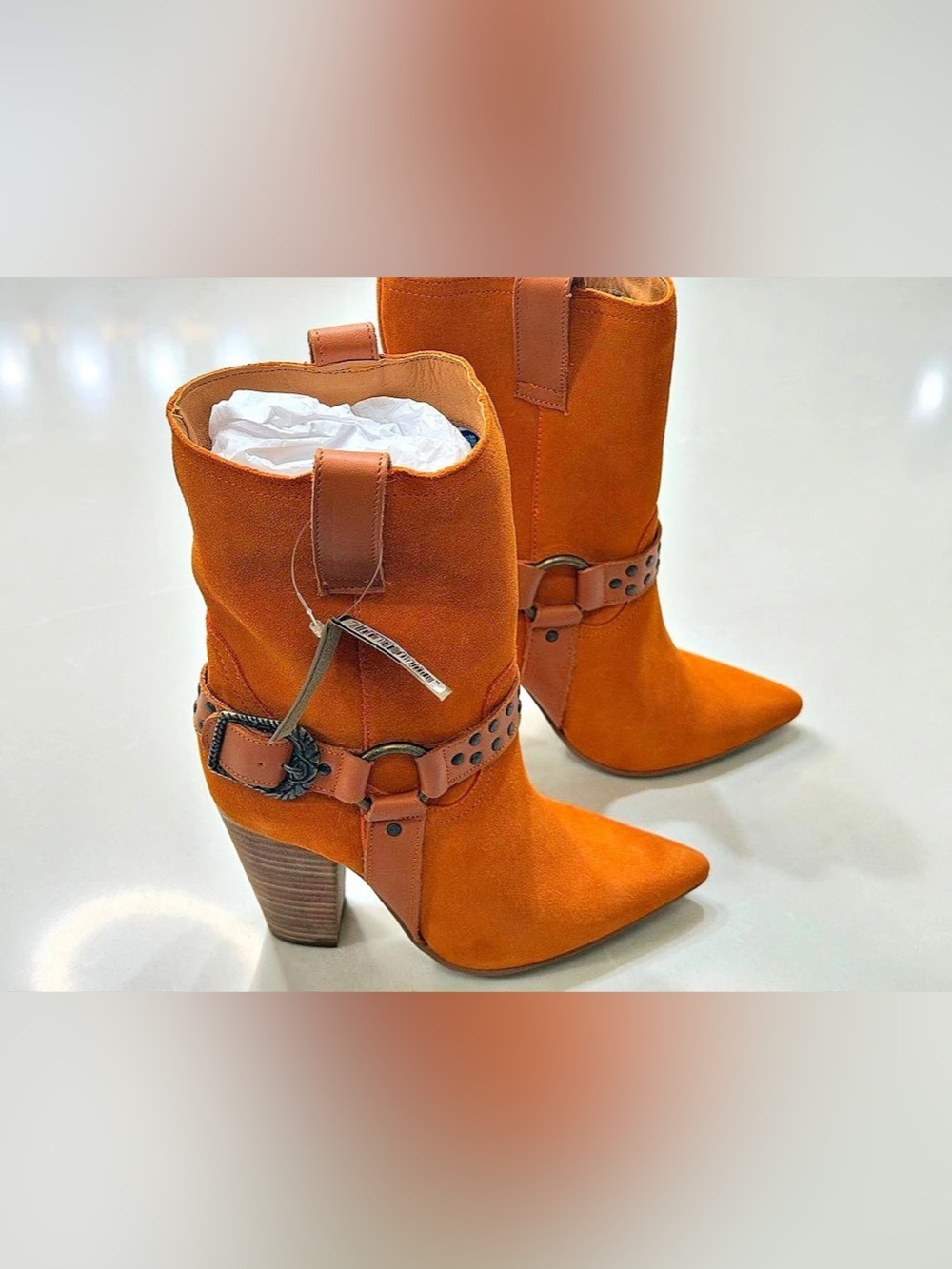 New Dingo Dancin Queen Orange Suede Leather Harness Mid-Calf Boots 7M